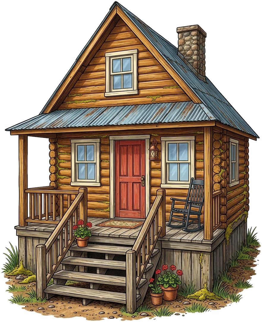 Hand-drawn log cabin with a red front door, a porch with a rocking chair and wooden front steps